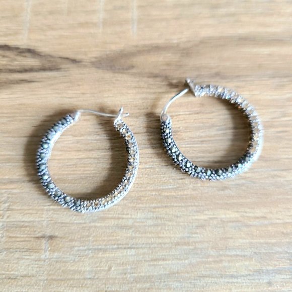 Sterling silver loops earrings with black and clear sparkly rhinestones. - Picture 2 of 6